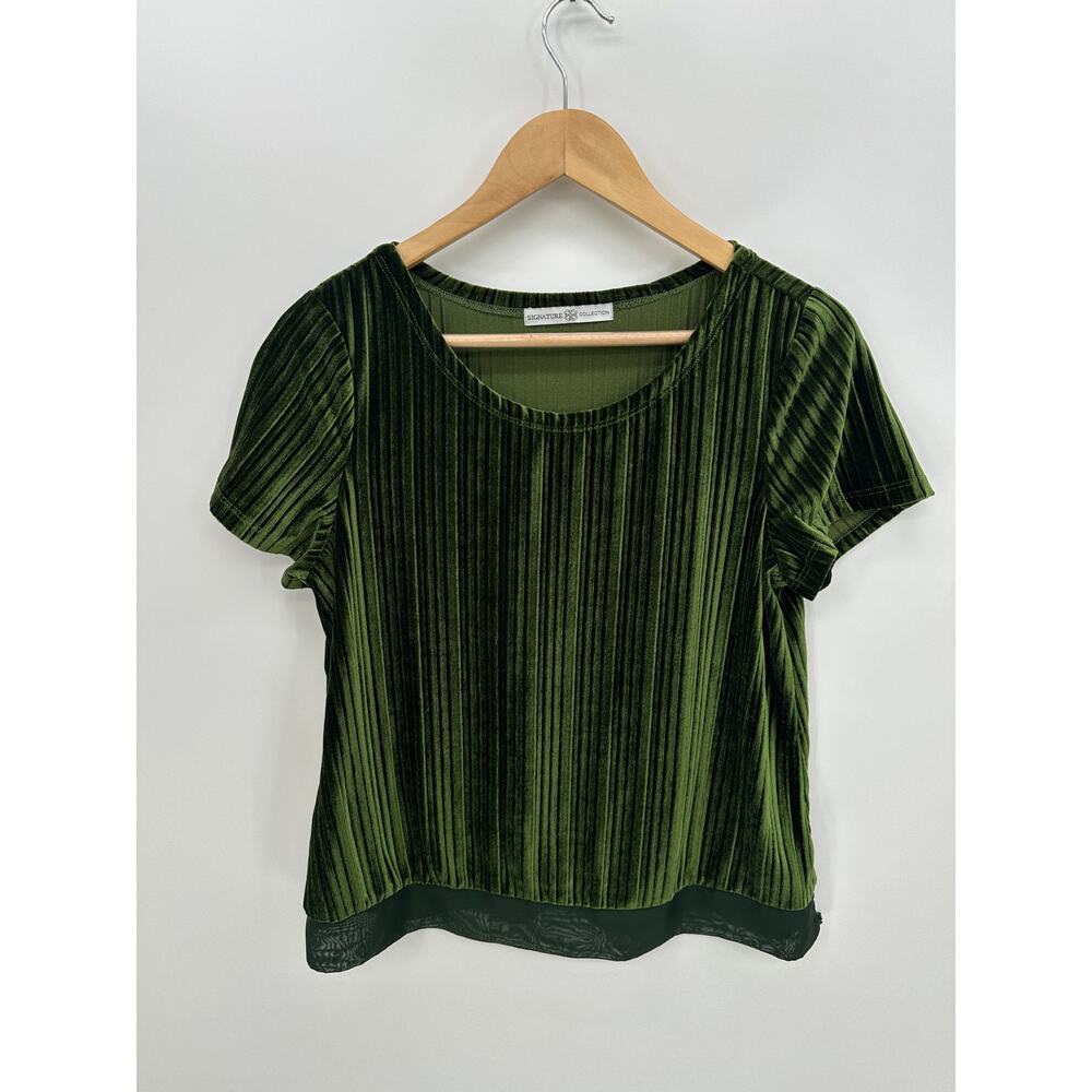 Signature Collection Green Velvet Tee Women Small Short Sleeve Striped Velour‎